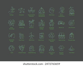 Eco Friendly and Sustainable Icons Renewable Energy, Environmental Protection, Green Technology, and Conservation Illustrations.