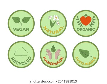 Eco amigável sustentável etiquetas 2D adesivos de desenho animado conjunto. Orgânico reciclado, artesanal vegan isolado vetor distintivos fundo branco. Ambiente natural cor ponto plano ilustrações coleção