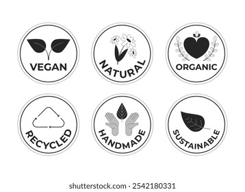 Etiquetas sostenibles respetuosas del medio ambiente en blanco y negro 2D línea de pegatinas conjunto. Insignias de Vector aisladas veganas recicladas orgánicas, hechas a mano. Colección de ilustración de punto plano monocromático ambiental