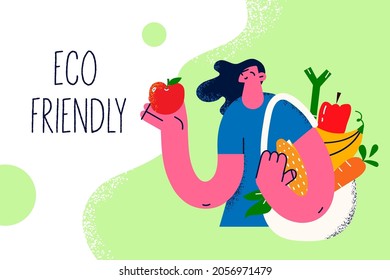 Eco friendly sustainable lifestyle concept. Young smiling woman cartoon character holding eco friendly bag with fresh products fruits from grocery market vector illustration