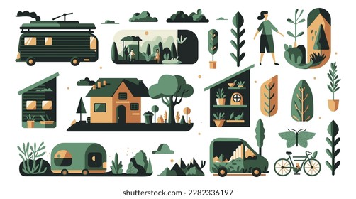 Eco friendly sustainable lifestyle vector illustration set isolated on white background. Self sustained alternative green energy clip art collection. Houses, electric cars, nature and recycling