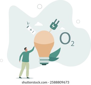 Eco friendly sustainable, Man holding light bulb with plant growing , Green eco energy and climate change problem concepts.flat character life .