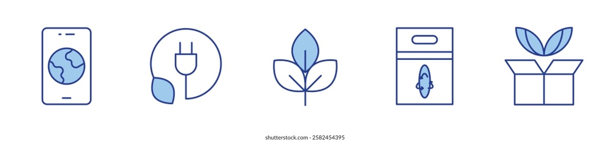 eco, eco friendly, sustainable, paper bag, phone. Ecology Icon vector illustration. Line Duotone style. Editable stroke.