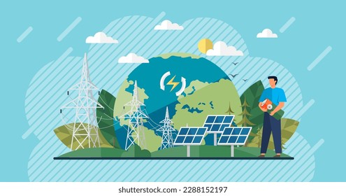 Eco friendly, sustainable, renewable and alternative energy. Smart grid virtual battery energy storage network with house office factory, solar panel plant, wind and li-ion electricity. Green energy