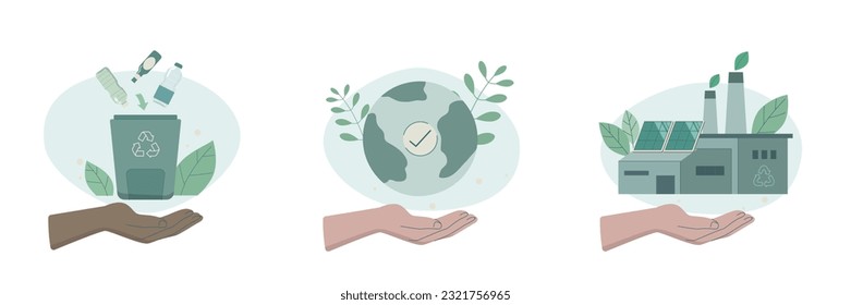 Eco amigable sustentable, Conjunto de personajes preocupados que poseen la tierra, Reciclaje de residuos y fábrica verde, preservación de la ecología del planeta, 
conceptos de problemas de cambio climático, ilustración vectorial.
