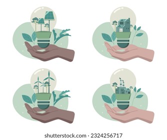 Eco friendly sustainable, Set of Hand holding light bulb with alternative energy, climate change problem concepts. Vector design illustration.