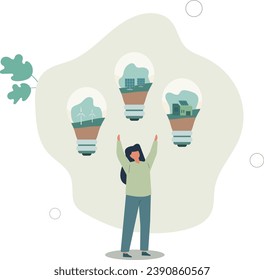 Eco-friendly, Set de bombilla de luz con energía alternativa, conceptos de problema del cambio climático.Ilustración vectorial plana