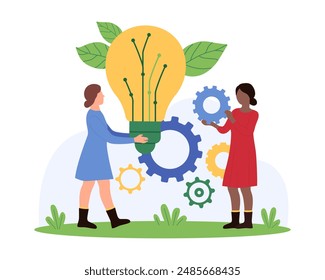 Eco friendly sustainable solution development process, digital project of green energy and idea of waste recycle. Tiny people holding light bulb with green leaf and gear cartoon vector illustration