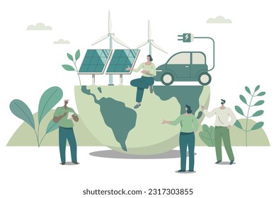 Eco friendly sustainable, Wind turbine and Electric car charging station conserves nature, Clean green energy from renewable sources concept.
 Vector design illustration.