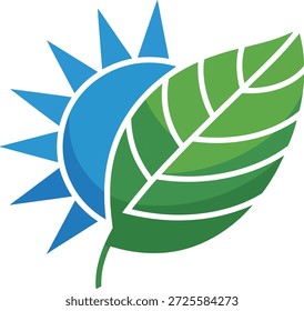 Símbolo ecológico com folha verde e sol azul sobre fundo branco representando a natureza e a sustentabilidade