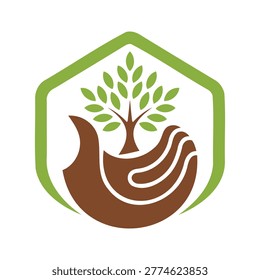 Eco friendly symbol with hand holding tree in green and brown colors
