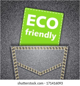 Eco friendly tag. Black back jeans pocket realistic denim texture