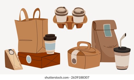 Eco friendly takeaway paper package collection - coffee cups with lids, carrier holders, shopping bags, meal boxes, sandwich containers. Brown kraft packaging. Sustainable food delivery supplies