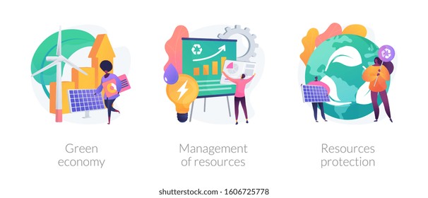 Eco friendly technologies flat icons set. Alternative energy, waste recycling. Green economy, management of resources, resources protection metaphors. Vector isolated concept metaphor illustrations