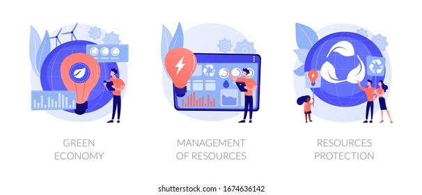 Tecnologías amigables para el ambiente conjunto de iconos planos. Energía alternativa, reciclaje de residuos. Economía ecológica, gestión de recursos, metáforas de protección de recursos. Ilustraciones de metáforas conceptuales aisladas por vectores