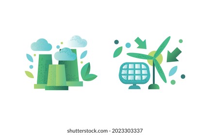 Iconos de tecnologías ecológicas, planta de energía, panel solar, energía verde y protección del medio ambiente Ilustración de vectores planos