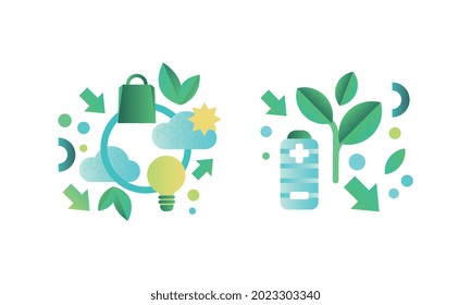 Eco Friendly Technologies Icons Set, Battery, Light Bulb, Green Energy and Environment Protection Concept Flat Vector Illustration