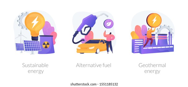 Tecnología ecológica, preservación del medio ambiente, iconos de los recursos naturales. Energía sostenible, combustible alternativo, metáforas de energía geotérmica. Ilustraciones de metáforas conceptuales aisladas por vectores