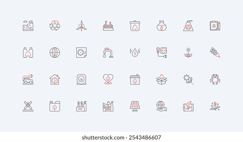 Eco friendly technology in industry, green energy and recycle for global environmental protection line icon set. Renewable resource and recycling thin black and red outline symbols vector illustration