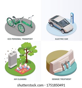 Eco friendly technology isometric 2x2 design concept with images of electric vehicles infrastructure with text captions vector illustration