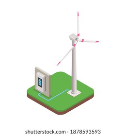 Tecnología ecológica isométrica con ilustración vectorial de energía alternativa para molinos de viento