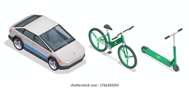 Eco friendly technology isometric collection with isolated icons of electric battery automobile bicycle and kick scooter vector illustration