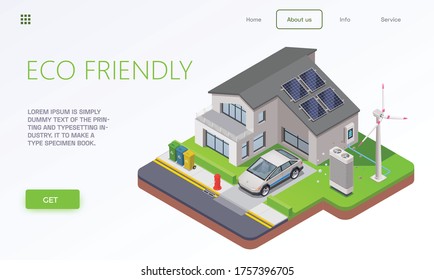 Eco friendly technology isometric landing page with images of smart house clickable links buttons and text vector illustration