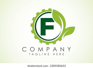Alfabeto inglés F con equipo y hoja. Logotipo de tecnología ecológica, vector de diseño de la plantilla del logotipo de tecnología ecológica. Industria de la Naturaleza