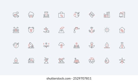 Eco friendly technology and recycle industry, biodiversity, carbon pollution of air, water line icon set. Nature, photosynthesis, green energy thin black and red outline symbols vector illustration