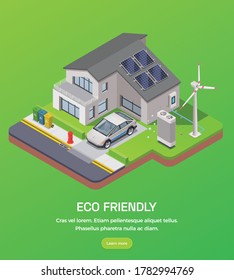 Eco friendly technology square background with editable text learn more button and isometric images of neighbourhood vector illustration