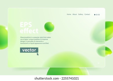 Eco friendly template in glassmorphism style. Matte glass screen with blurred floating green leaves and spheres. Vector background for nature app, agriculture identity, summer banner, organic design.