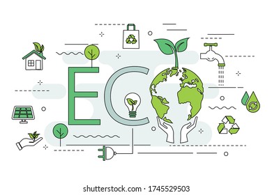 eco friendly thin line environment web page banner. The word "ECO" for website template. Modern vector illustration outline, flat design. protecting nature and saving earth concept.