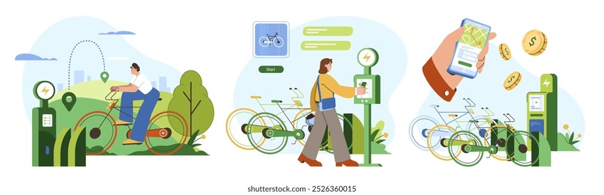 Eco friendly transport, bike sharing app. Sustainable transportation concept. Man at bicycle in park, woman using cycle rental services or return to the station. Flat young people cycling in the city