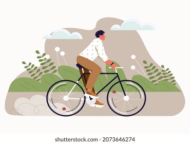 El concepto de transporte ecológico. Hombre joven monta bicicleta en el parque. Carácter masculino dedicado a los deportes. Cuidar del medio ambiente. Recorriendo la ciudad. Ilustración vectorial plana contemporánea de dibujos animados