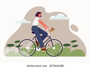 Eco friendly transport concept. Young modern woman rides bicycle. Female character on bike moves around city. Sports activities. Taking care of environment. Cartoon colorful flat vector illustration