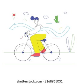 Eco friendly transport concept. Young modern woman rides bicycle. Female character on bike moves around city. Sports activities. Taking care of environment. Cartoon colorful flat vector illustration