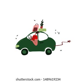 Eco friendly transport conception. Isolated vector illustration. Active young guy  drives green transport - electric car. Modern urban lifestyle.
