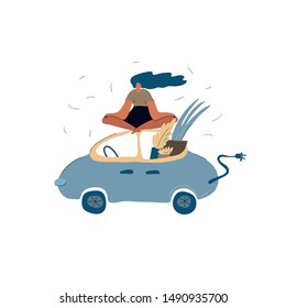 Eco friendly transport conception. Isolated vector illustration. Active young girl drives green transport - electric car. Modern urban lifestyle.