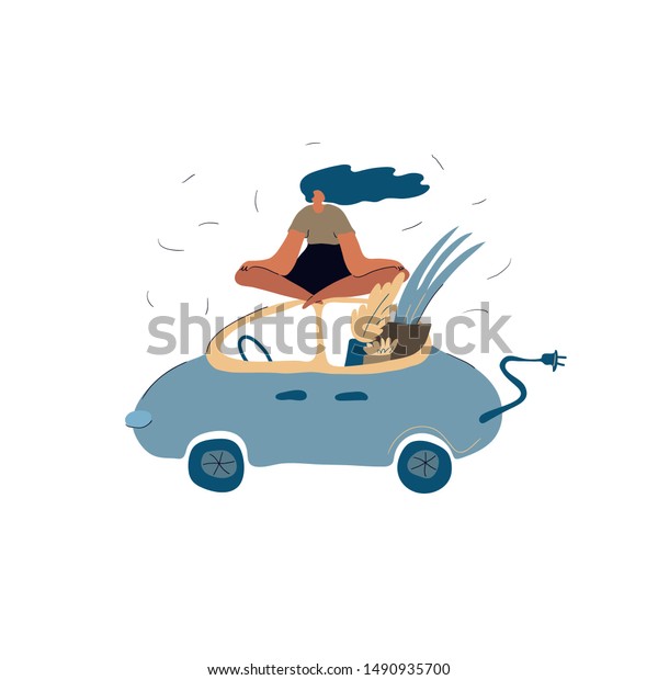 Eco friendly transport conception. Isolated\
vector illustration. Active young girl drives green transport -\
electric car. Modern urban\
lifestyle.