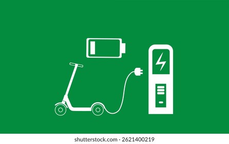 Eco friendly transport powered by renewable energy source. Electric scooter at charging station, Vector design green against the background
