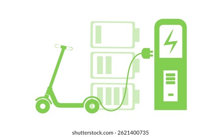 Eco friendly transport powered by renewable energy source. Electric scooter at charging station, Vector design green against the background