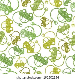 Eco friendly transport seamless background with electric cars, vector seamless pattern, used hand drawn lines textures.