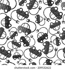 Eco friendly transport seamless background with electric cars, vector seamless pattern, used hand drawn lines textures.