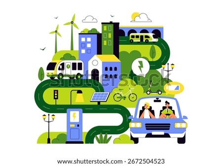 Eco Friendly Transportation Illustration featuring the Combination of Multiple Travel Modes for Efficiency in Urban Transport Methods in a Background
