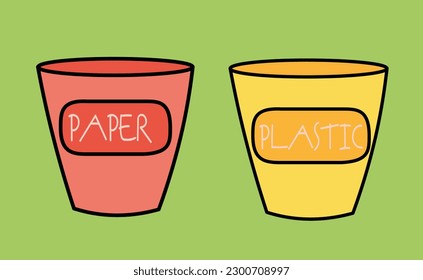 Eco friendly trashcans. Red and yellow trash for plastic and paper. Waste sorting and separation. Reuse and recycling. Susatinable lifestyle concept. Cartoon flat vector illustration