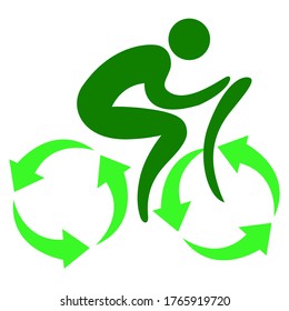 Eco friendly traveling. Isolated vector green icon of cyclist on bicycle with recycling symbol with three arrows instead of wheels. 