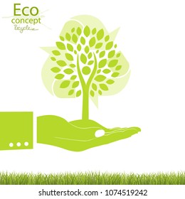 Eco friendly. Tree on hand. The tree in the palm of your. The concept of ecology, to save the planet. Recycling. Vector illustration on white background. Modern design template.