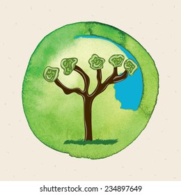 Eco friendly tree vector. Watercolor texture.