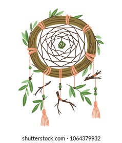 Eco friendly t-shirt print design. Natural card with isolated Dreamcatcher. Green element. Boho stylish illustration.
