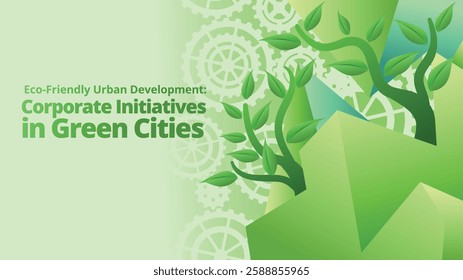 Eco Friendly Urban Development: Corporate Initiatives in Green Cities concept. abstract polygonal with green plant and gears for go green concept. template vector illustration 